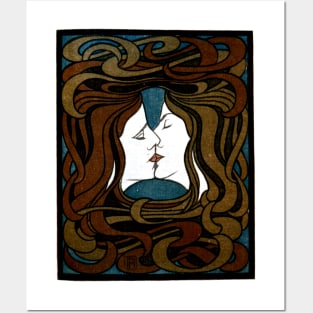 Two faces kissing with entwined art-nouveau style hair Posters and Art